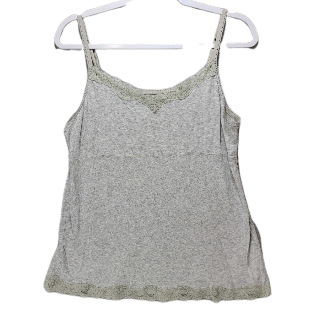 Elle Y2K Must Have Cami Top Womens XL Pima Cotton Lace Trim Grey Neutral Stretch